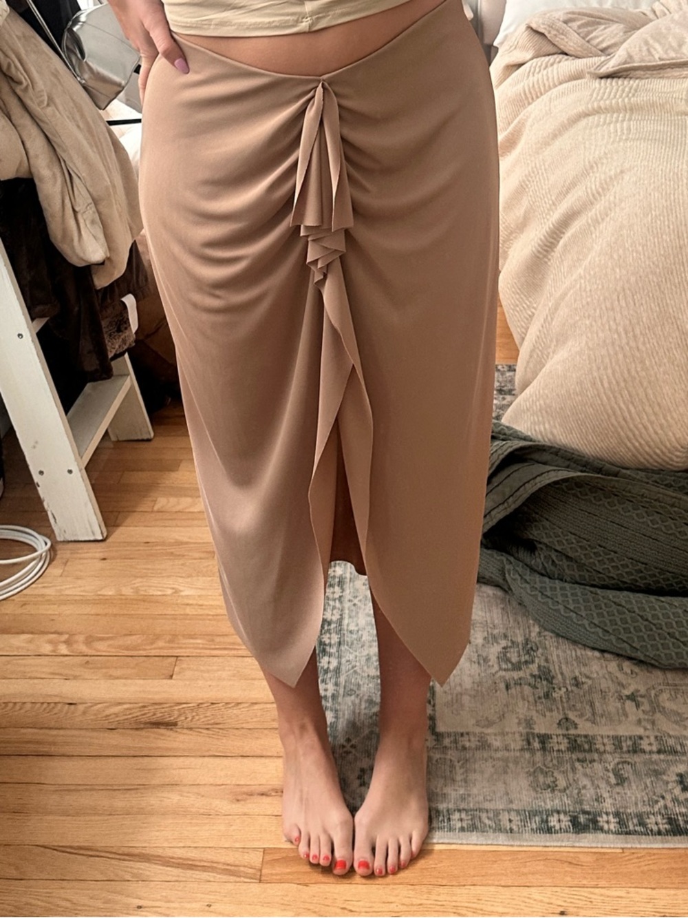 H&M Neutral Taupe Ruffle Midi Skirt